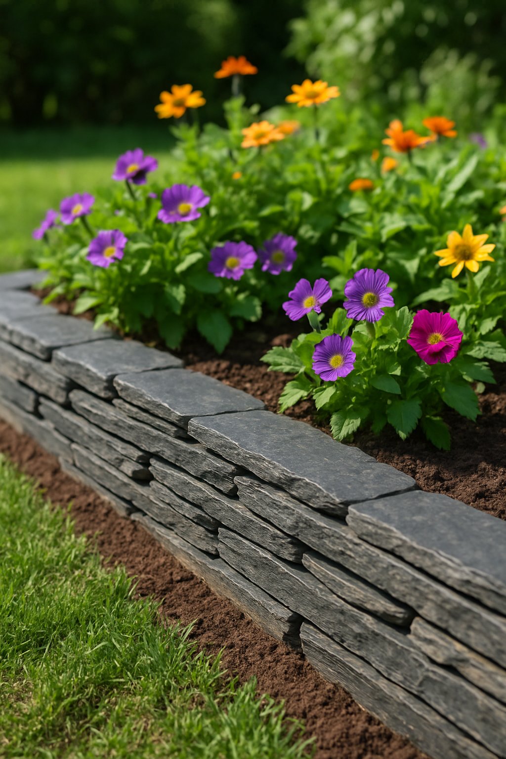 A garden border made of stacked flat slate pieces edging a flower bed with green plants and soil.