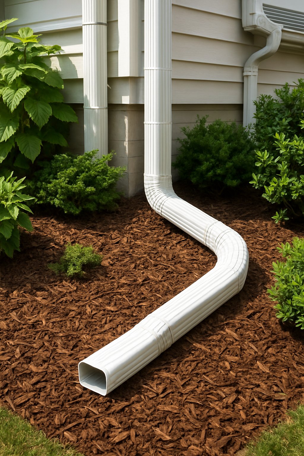 Mulch neatly placed around downspout exits from rain gutters next to a house with green plants nearby.