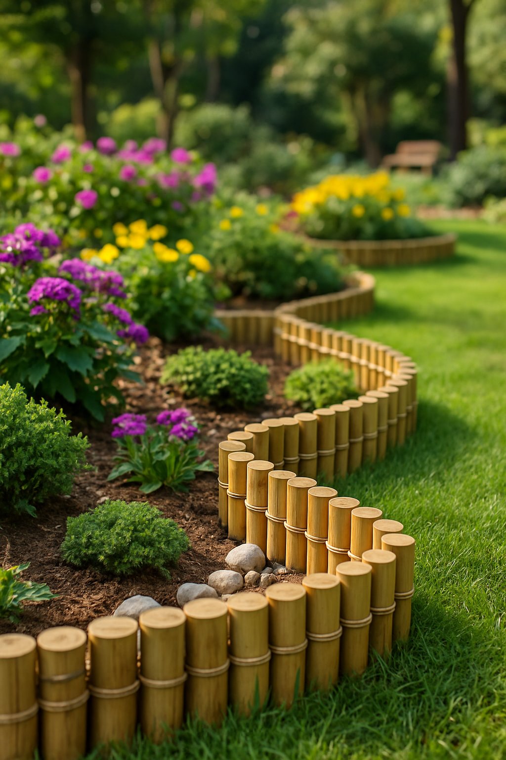 A garden with low bamboo fencing bordering flower beds and green grass, surrounded by plants and shrubs.