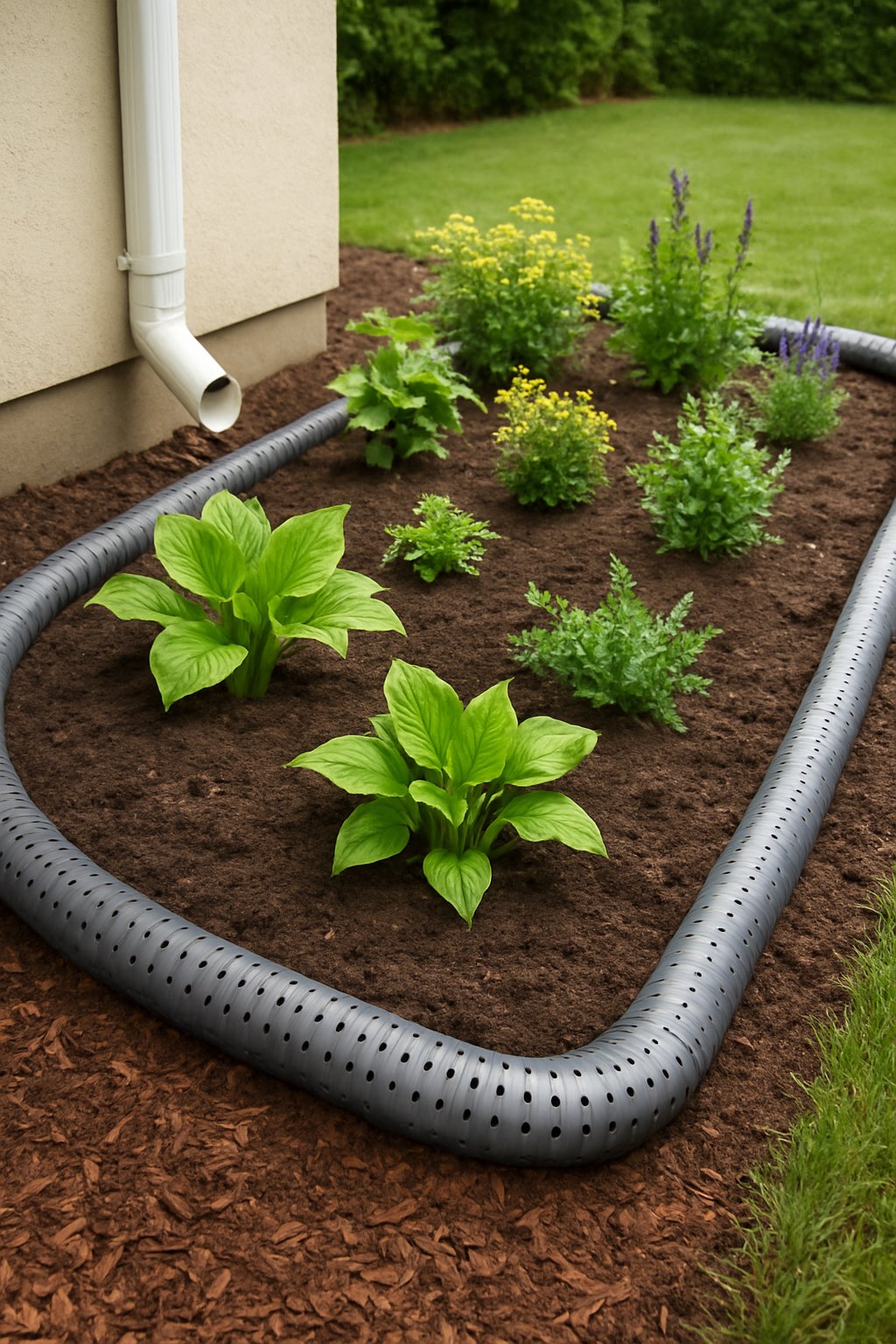 A garden bed surrounded by a perforated pipe drainage system with a rain gutter directing water towards it.