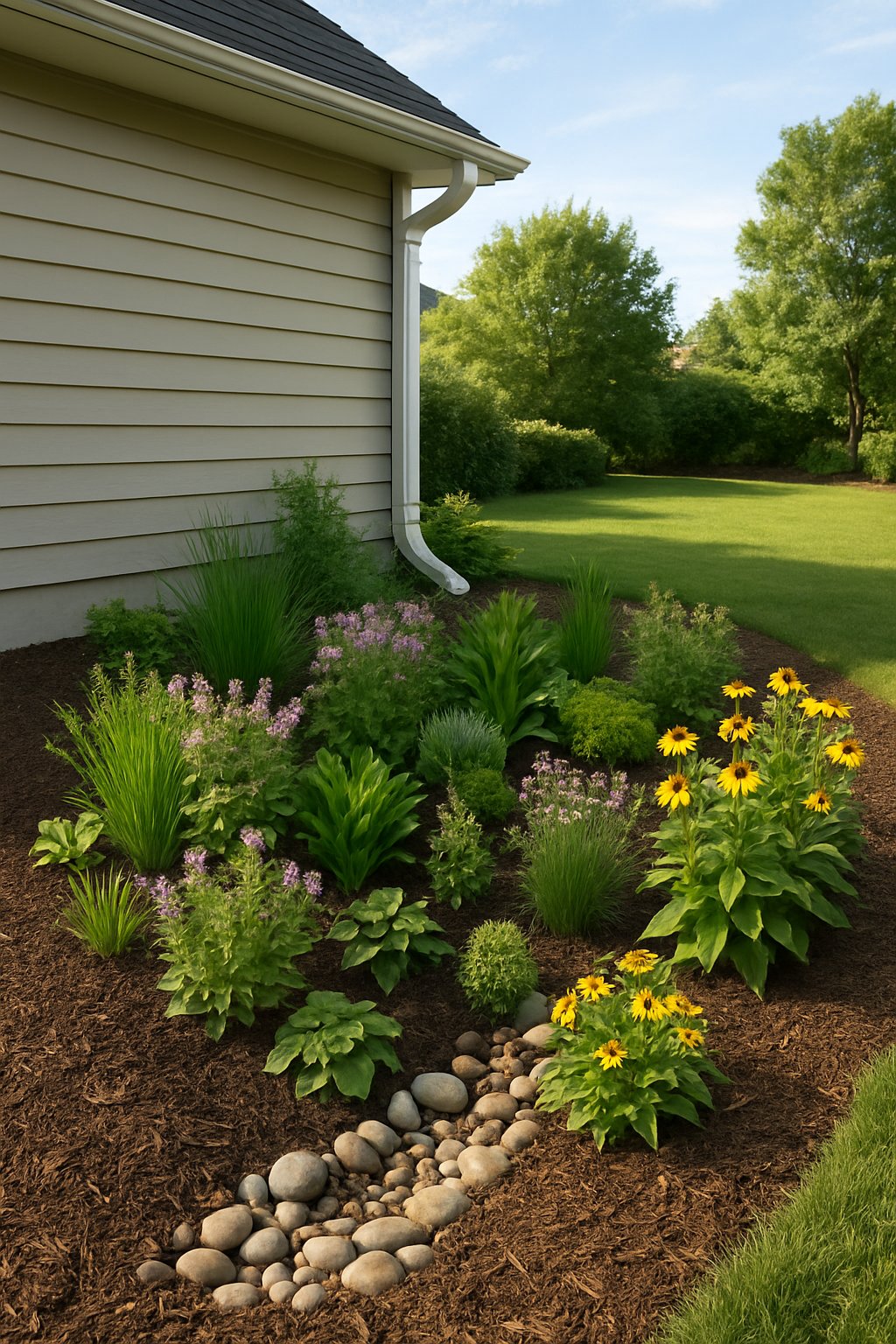A rain garden with green plants and flowers installed near a house's rain gutter downspout to manage rainwater runoff.