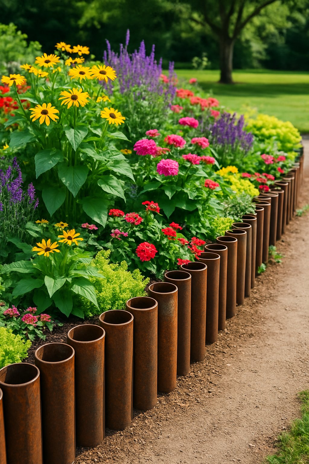 A garden with flower beds bordered by reclaimed metal pipes under bright daylight.