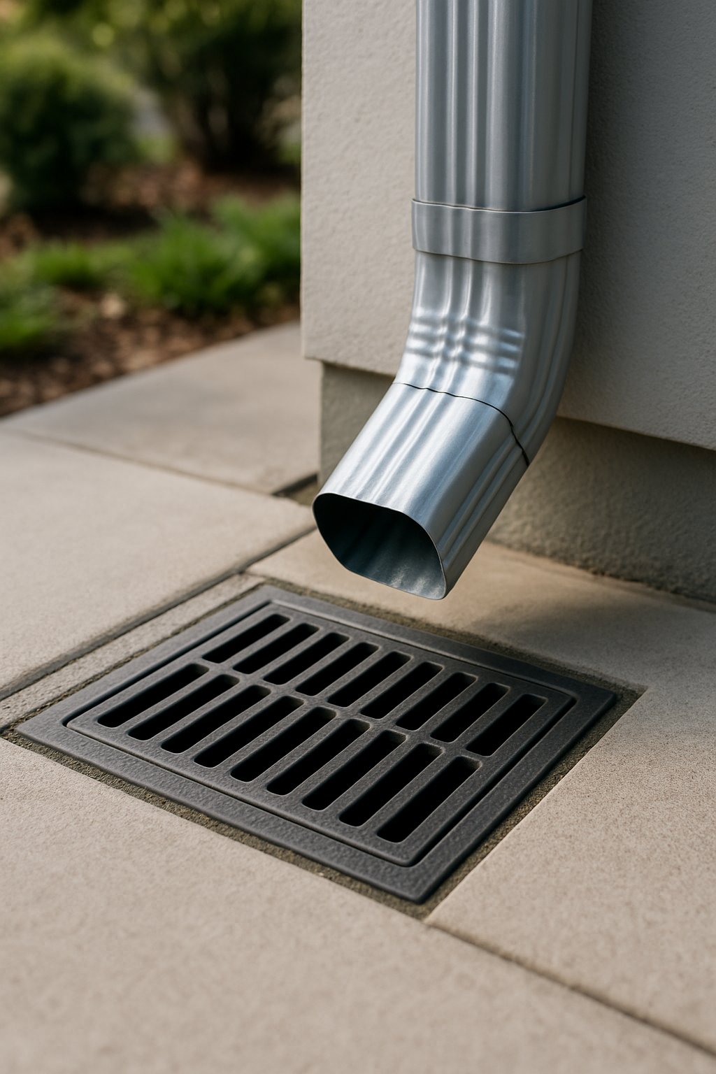 Close-up of a drain grate at the exit of a downspout connected to a rain gutter, set in a paved outdoor area with some greenery nearby.