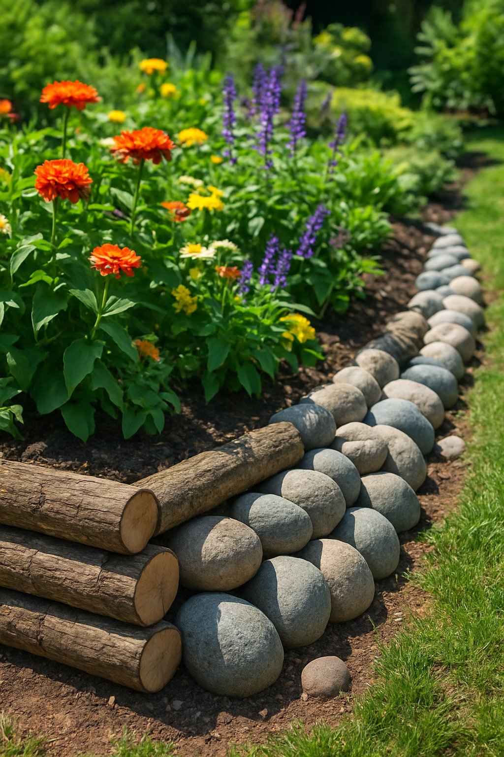 A garden border made of logs and stones surrounding a flower bed with green plants and colorful flowers.