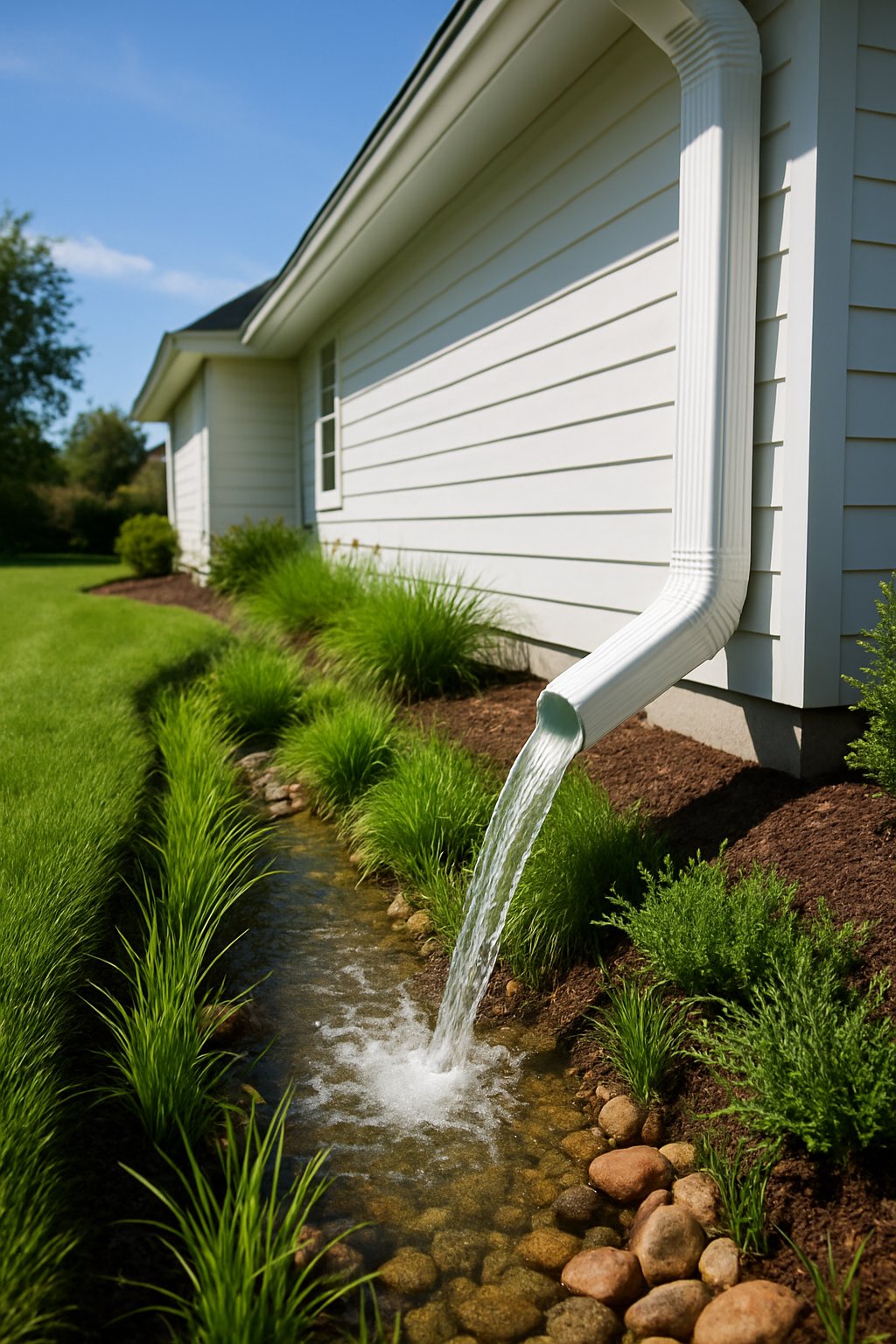 Water flowing from a house rain gutter downspout into a green vegetated swale in a residential garden.
