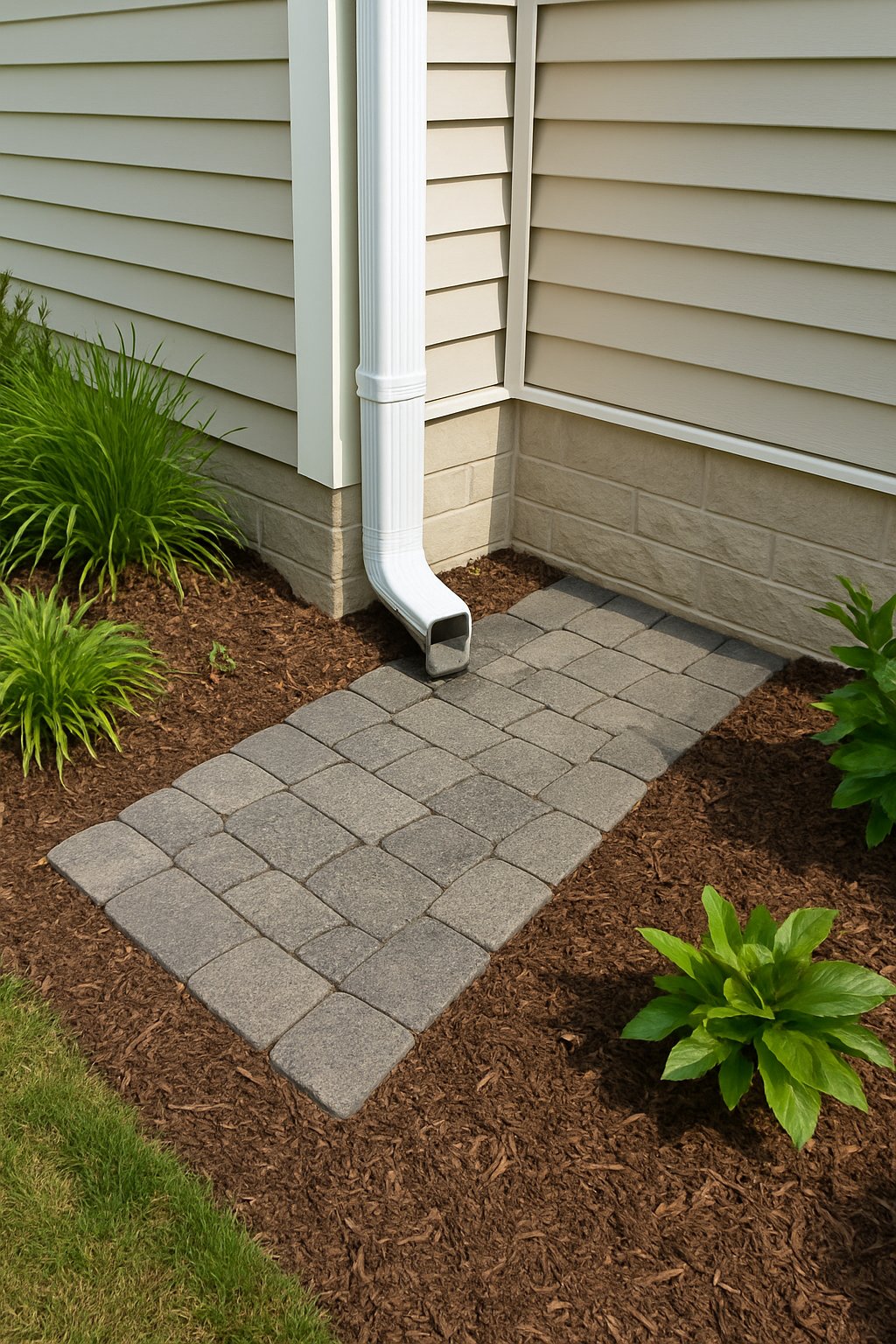 A rain gutter downspout directing water onto a stone splash pad surrounded by garden plants to prevent soil erosion.