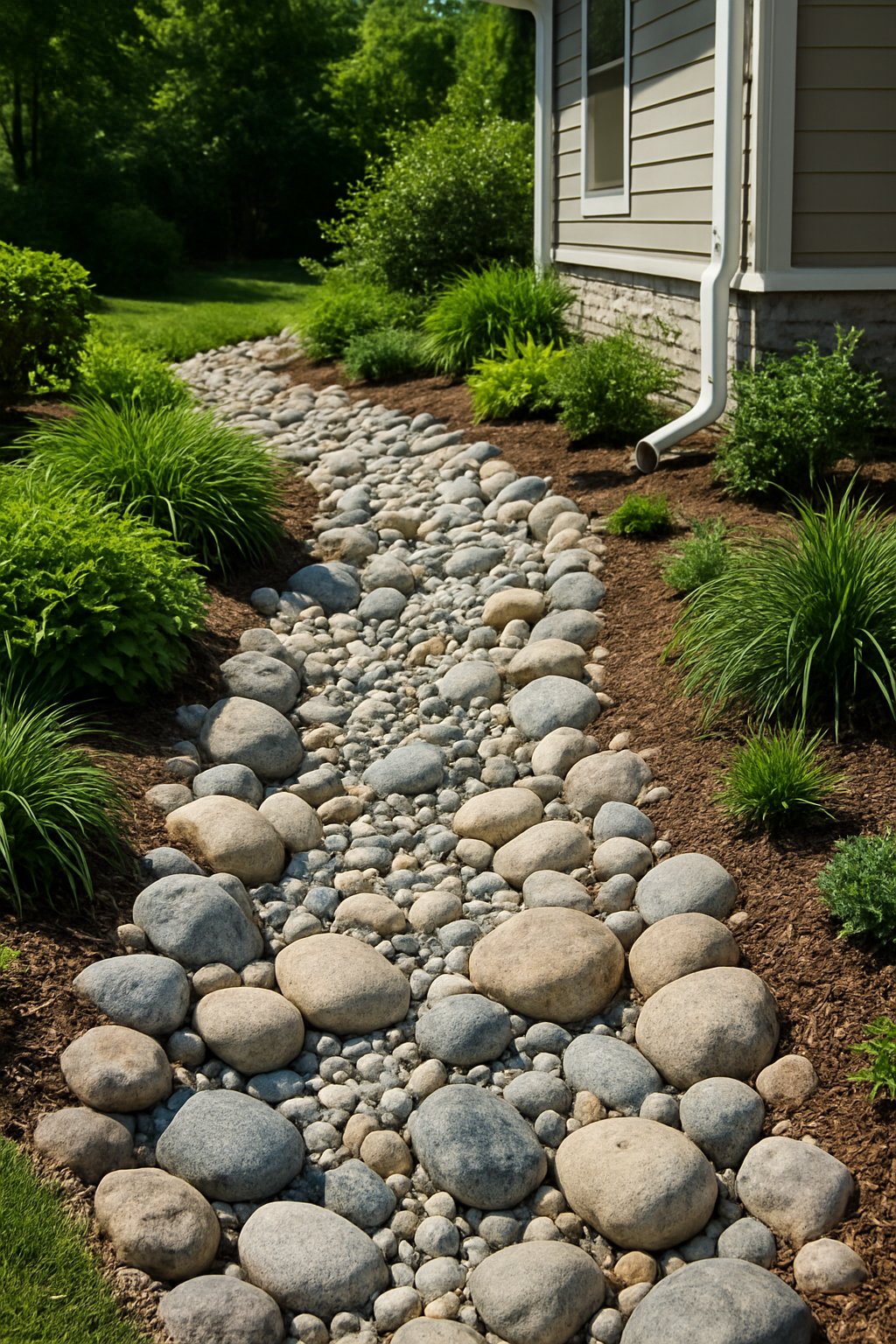 A dry creek bed with river stones and plants next to a house, designed to manage rainwater runoff from gutters.