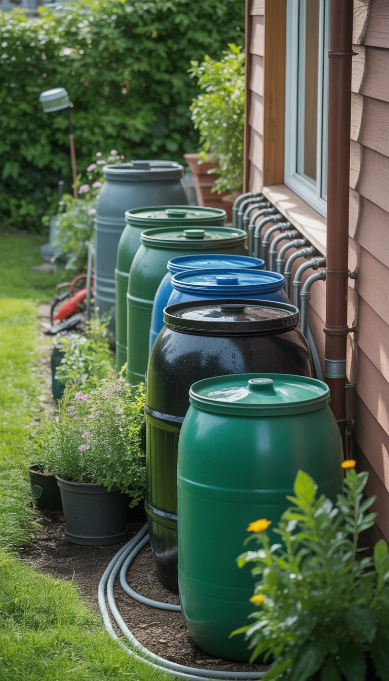 Multiple rain barrels linked together in a garden next to plants and flowers for water storage.