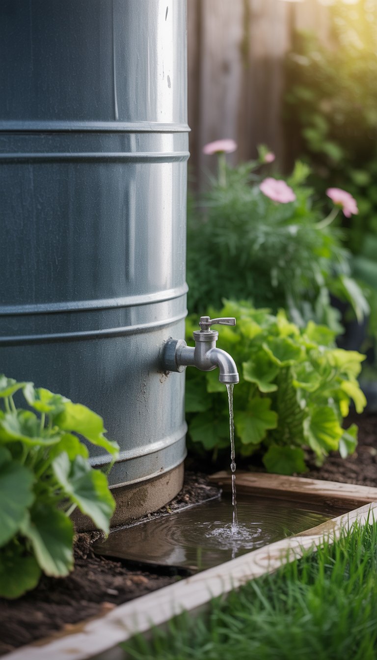 A rain barrel with a spigot watering plants in a garden with green foliage and flowers.
