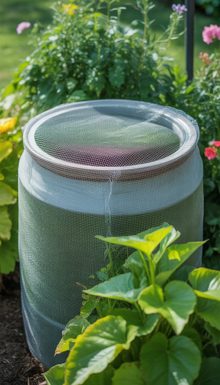 A rain barrel with a mesh screen on top surrounded by green plants and flowers in a garden.