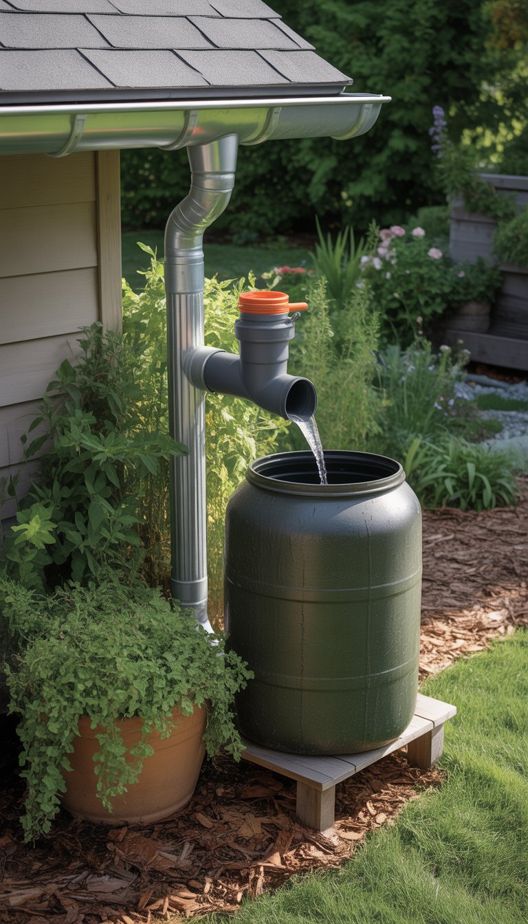 A garden with a downspout adapter attached to a gutter downspout, directing water into a rain barrel surrounded by plants.
