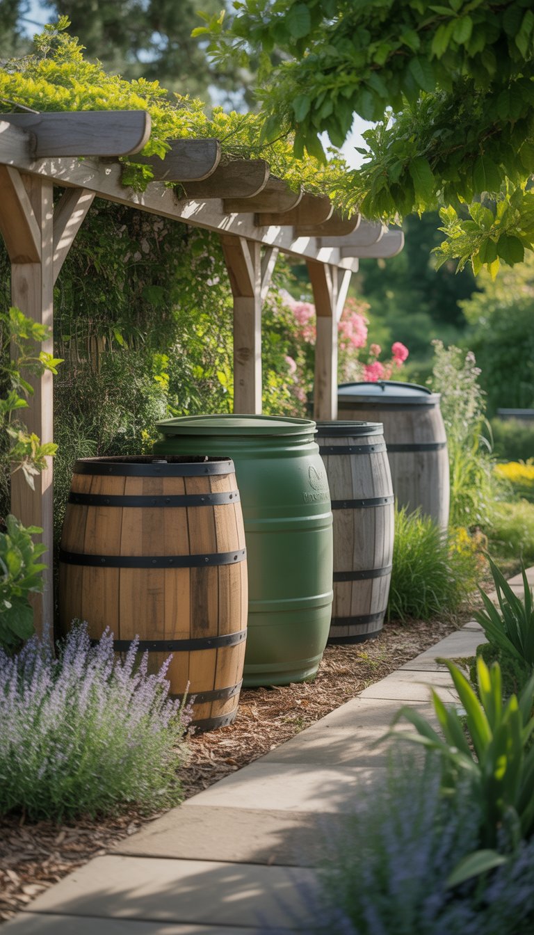 A garden with several rain barrels placed in shaded areas under trees and pergolas surrounded by plants and greenery.