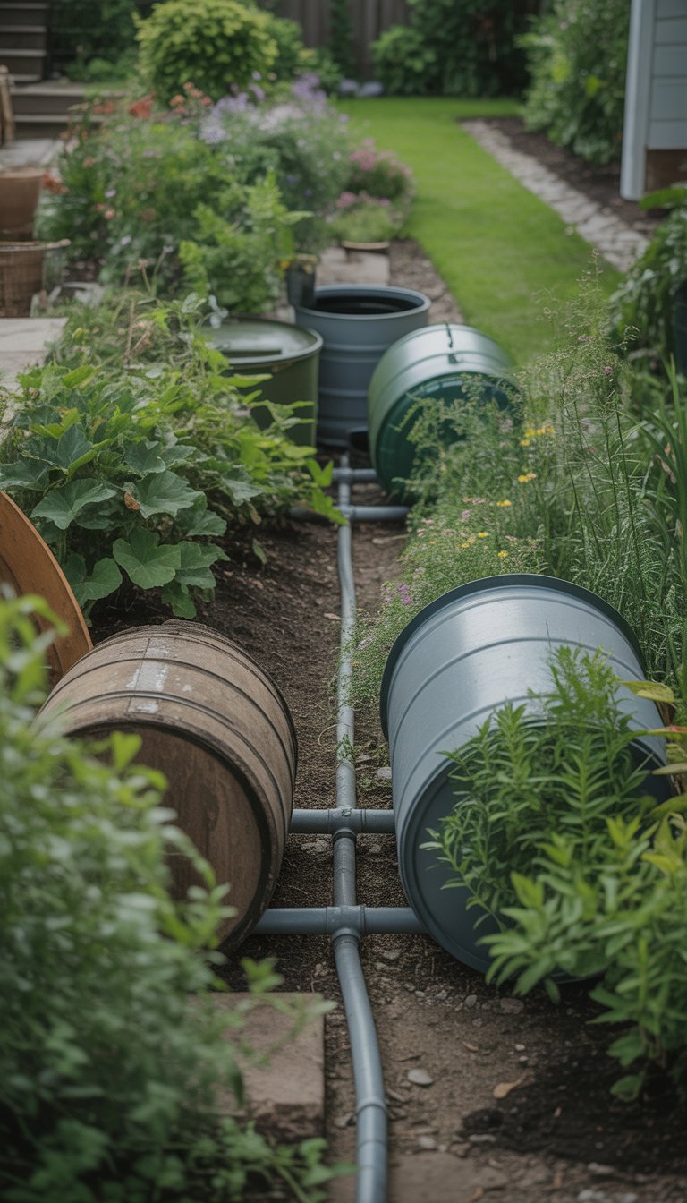 A garden with several rain barrels connected underground surrounded by green plants and flowers.