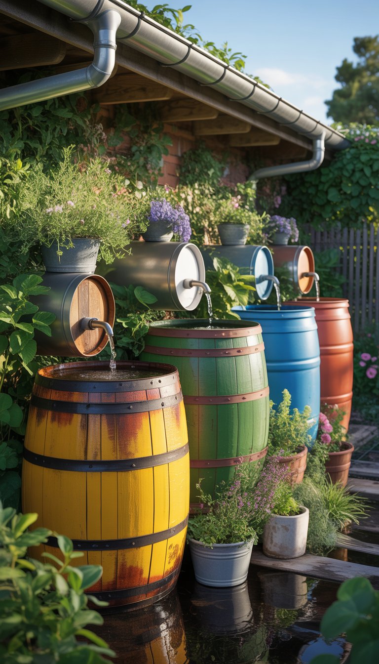A garden with old barrels repurposed as rainwater collectors surrounded by plants and greenery.