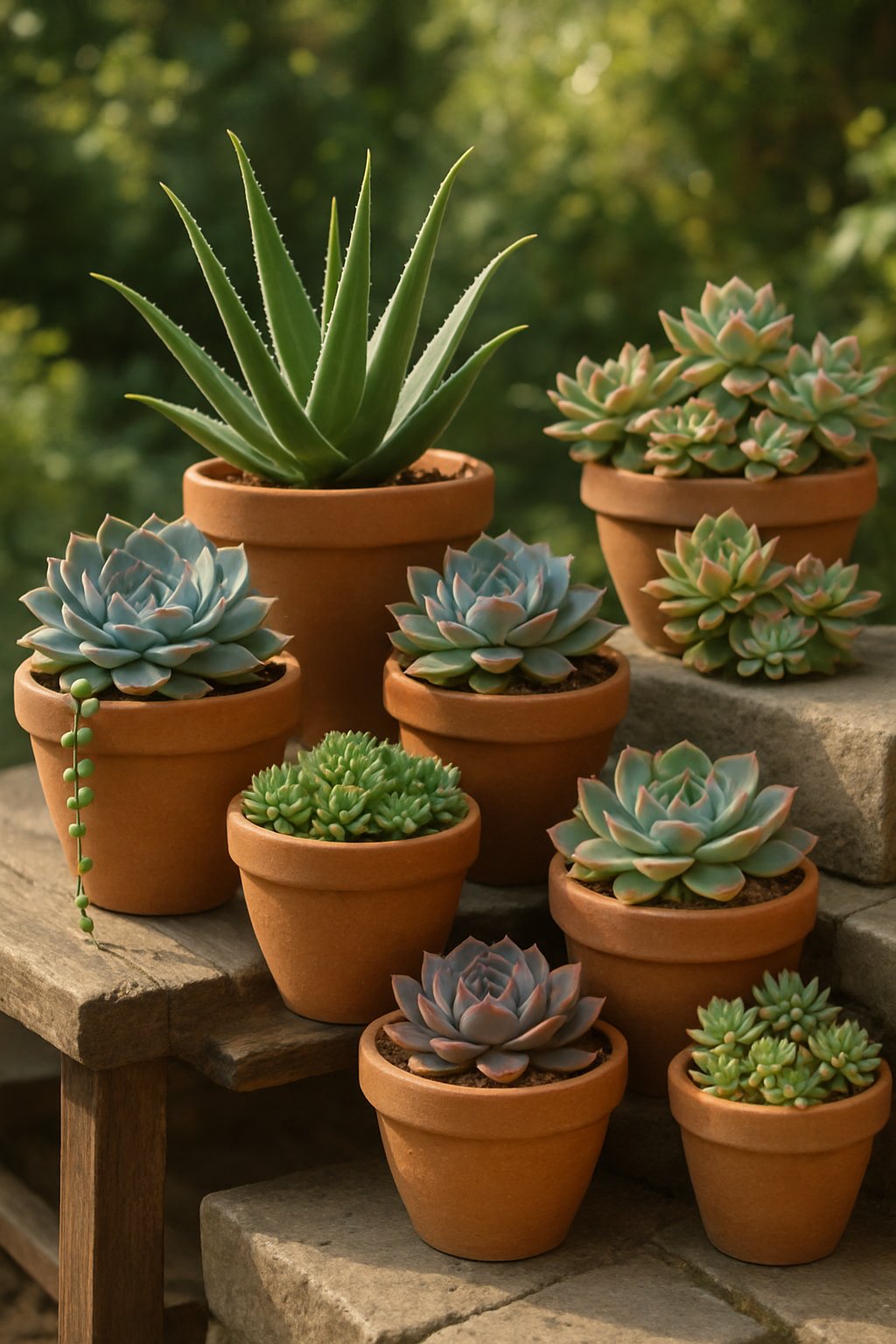 Terracotta pots with various succulent plants arranged outdoors on wooden and stone surfaces.