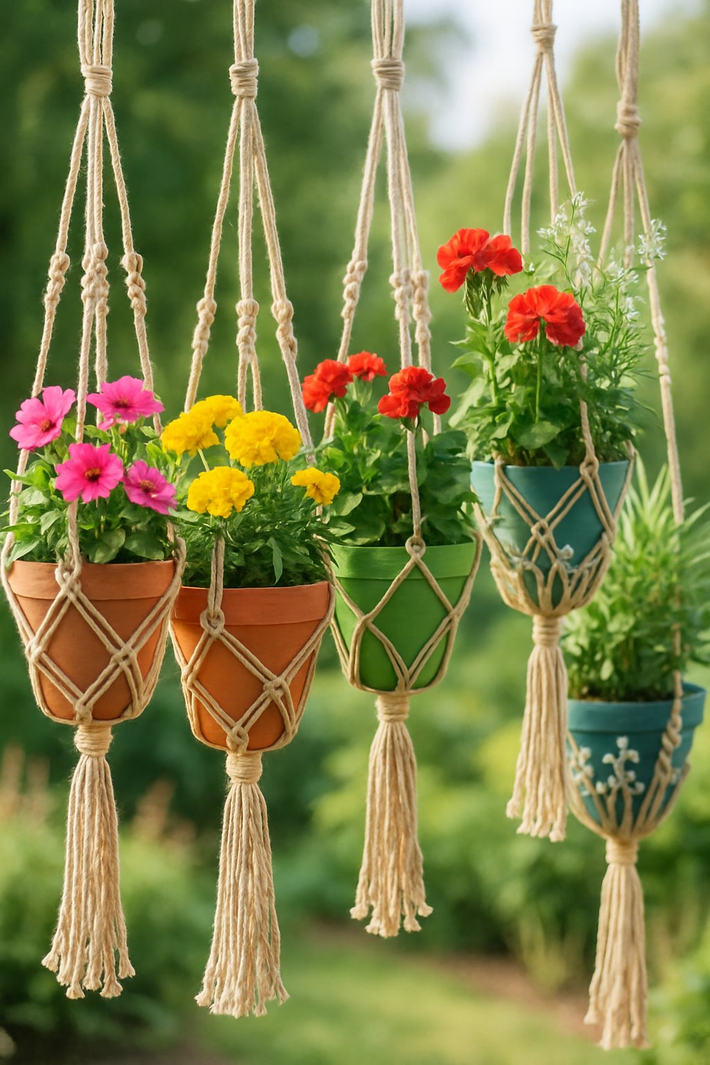 Several hanging macrame flower pots with colorful flowers and green plants outdoors in a sunlit garden setting.