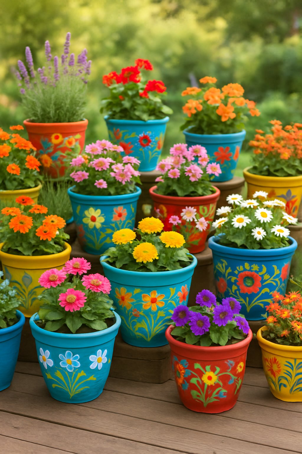A collection of colorful painted ceramic flower pots with various blooming plants arranged outdoors on a wooden surface.