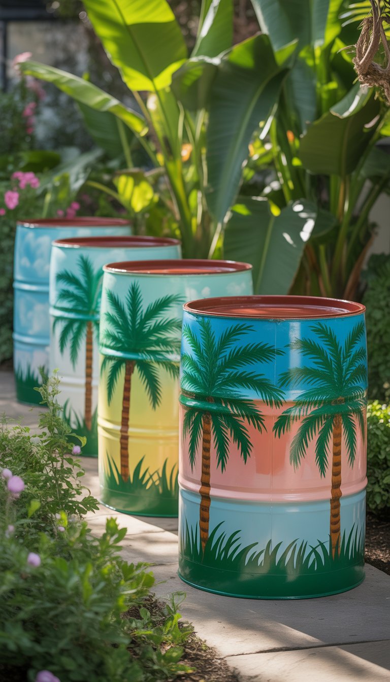 Several painted barrels with palm tree designs placed in a garden surrounded by plants and flowers.