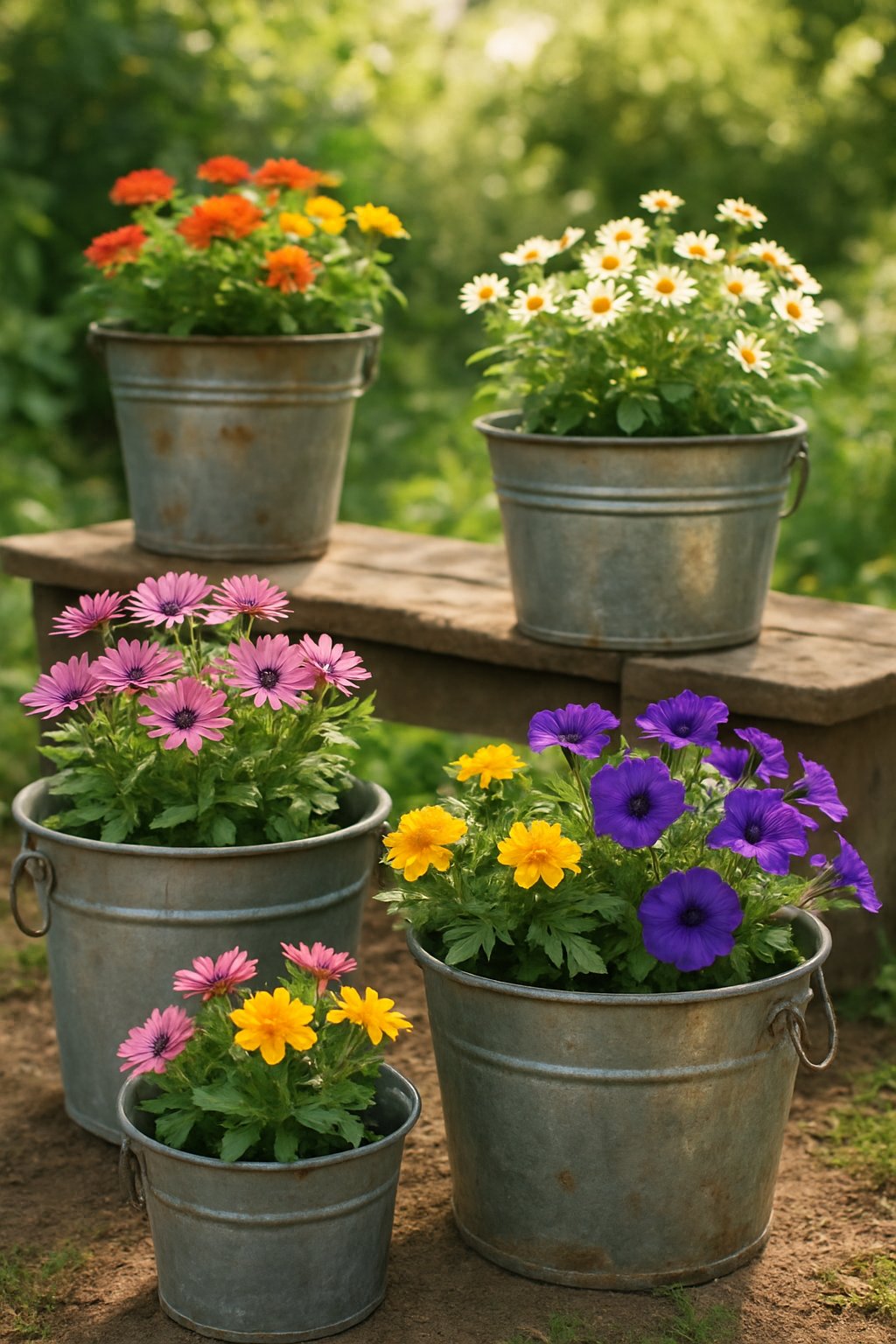Outdoor scene with vintage metal buckets used as flower pots holding colorful blooming flowers arranged on a wooden surface and ground surrounded by greenery.