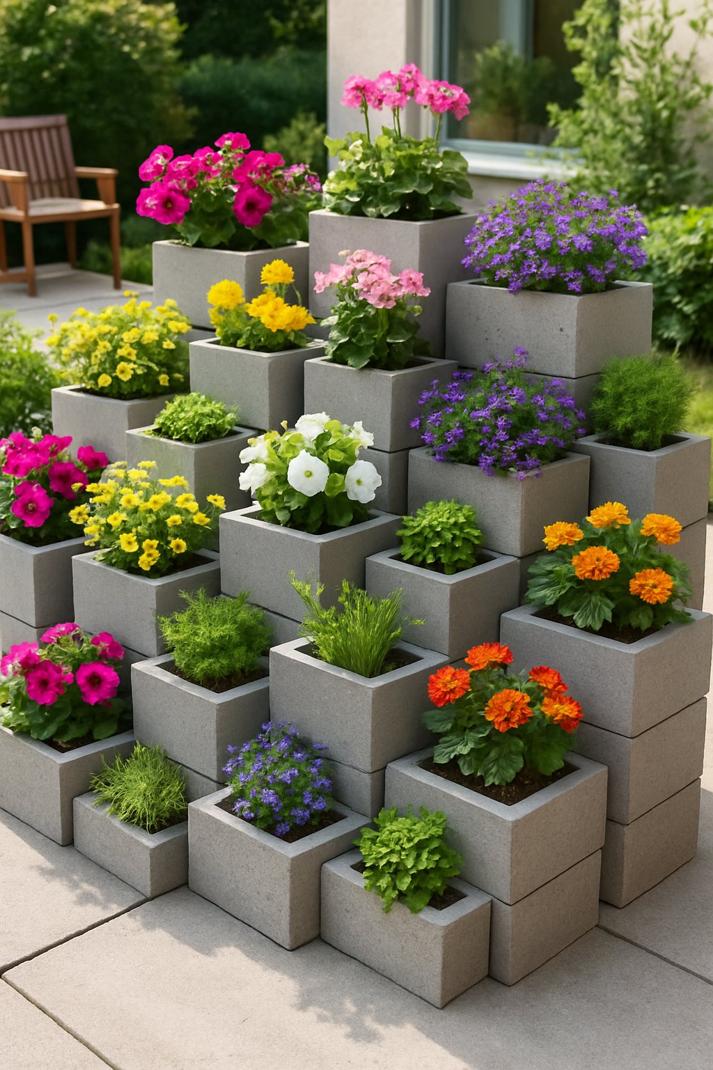 Stacked concrete block planters filled with colorful flowers arranged outdoors on a sunny patio.