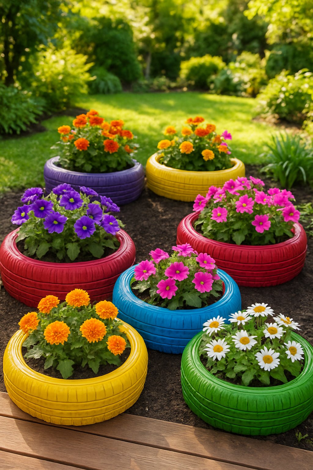 Outdoor garden with colorful flower pots made from recycled tires filled with blooming flowers and green plants.