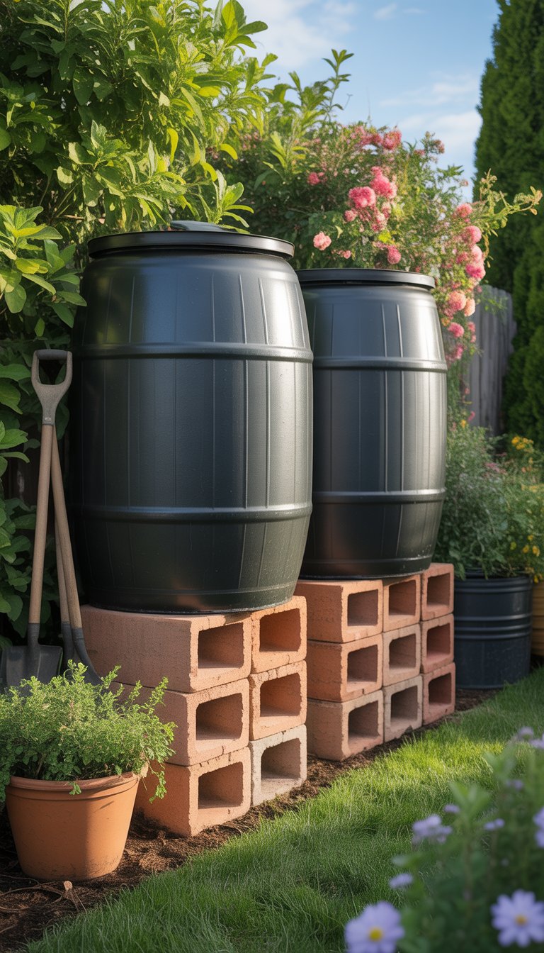 Several rain barrels elevated on cinder blocks in a garden surrounded by plants and flowers.