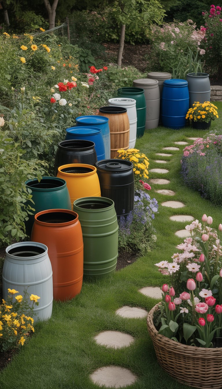 A garden with multiple rain barrels placed next to colorful flower beds under natural daylight.