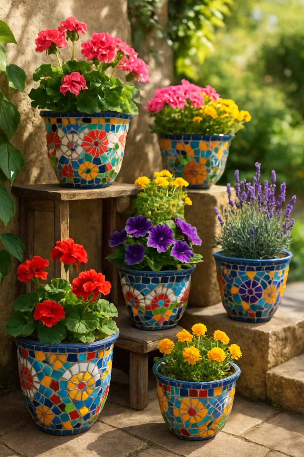Outdoor scene with colorful mosaic tile flower pots filled with blooming flowers arranged on wooden shelves and stone steps in a garden.