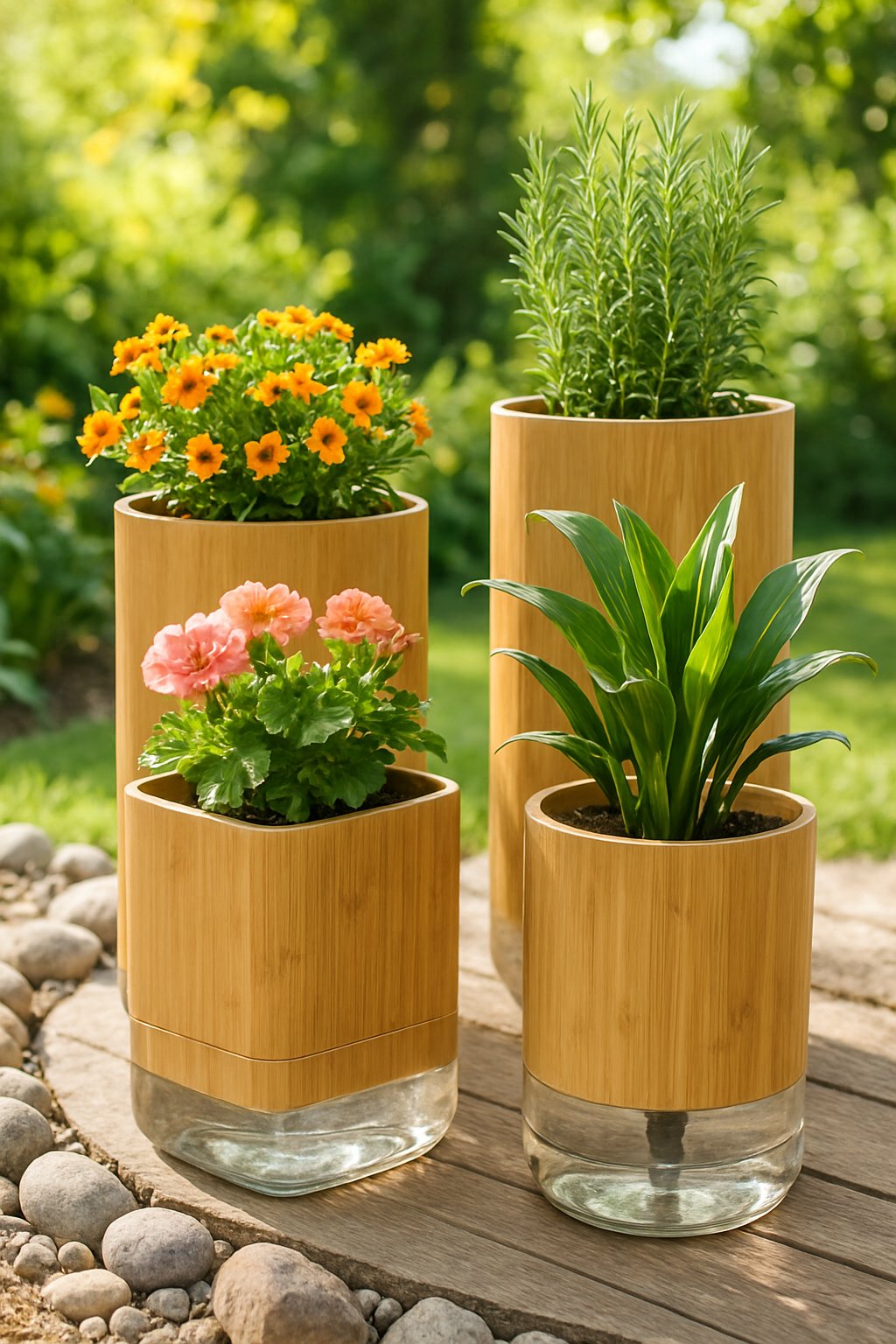 Outdoor scene featuring bamboo self-watering planters with blooming flowers and green plants arranged in a garden.