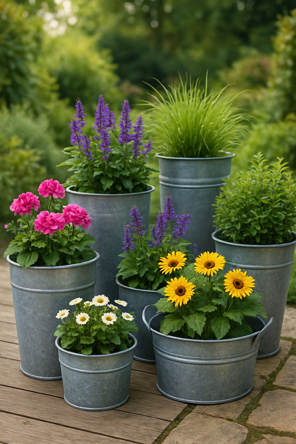 A collection of galvanized steel flower pots filled with colorful flowers and green plants arranged outdoors in a garden setting.