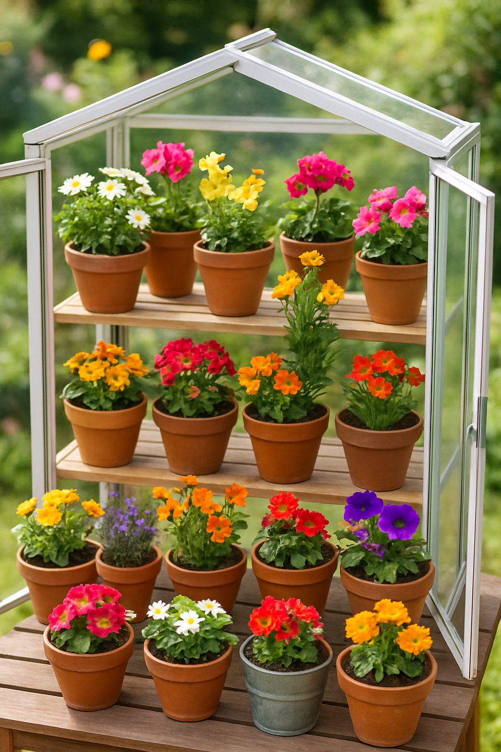 Mini greenhouse with 25 different flower pots containing various colorful plants and flowers arranged outdoors in a garden setting.