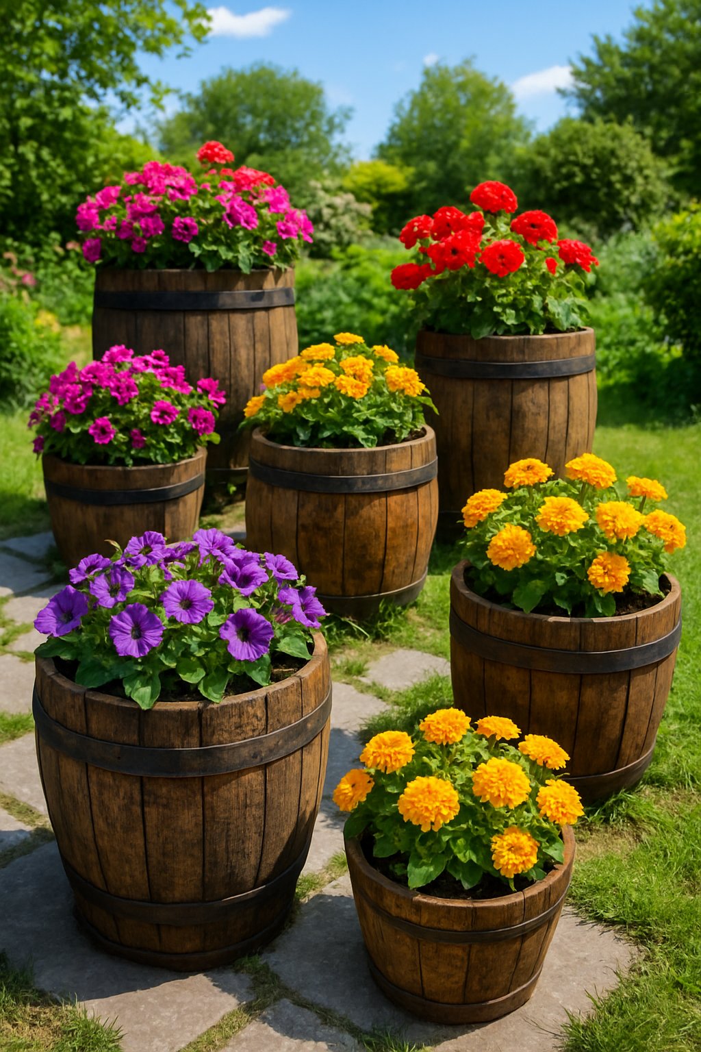 Outdoor garden with multiple wooden barrel planters filled with colorful blooming flowers.