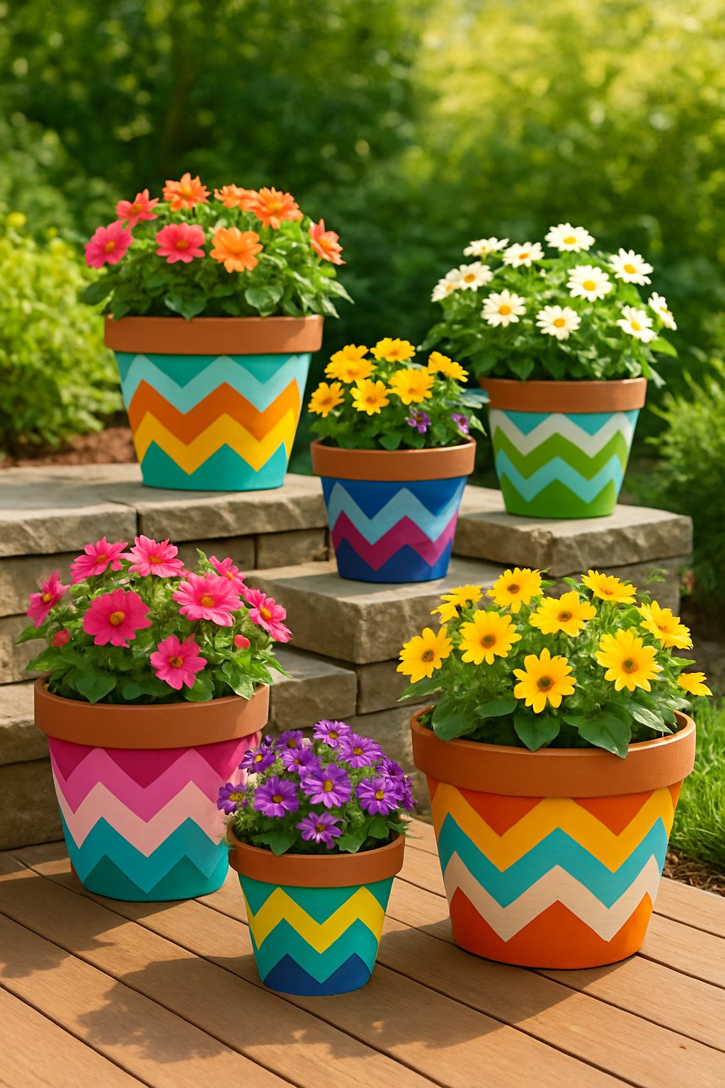 A collection of chevron-patterned flower pots with blooming flowers arranged outdoors on a wooden deck and stone steps.