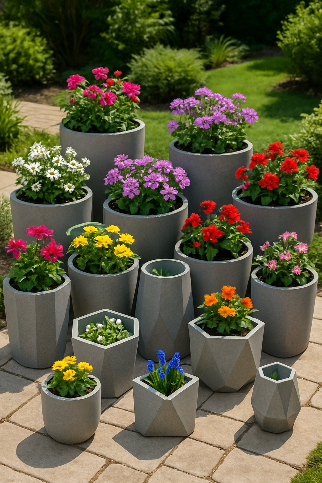 An outdoor garden scene with various concrete geometric flower pots filled with colorful blooming plants and green foliage arranged on wooden decking and stone pathways.