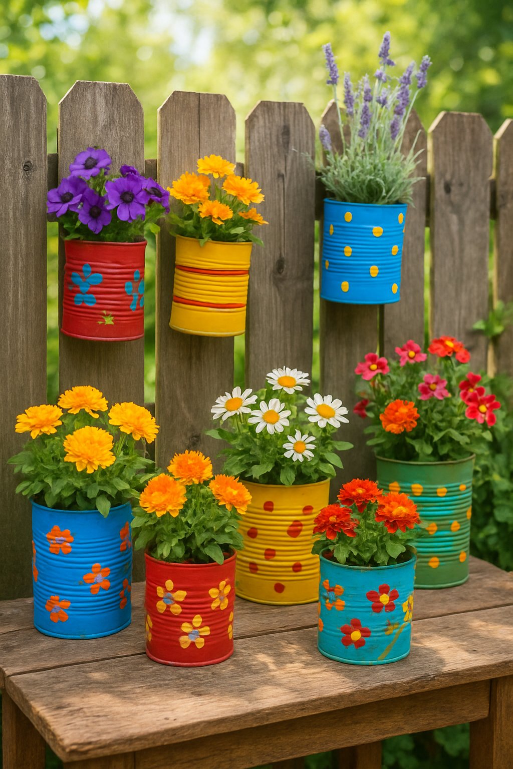 A group of brightly painted tin cans used as flower pots filled with colorful flowers arranged outdoors on a wooden table and hanging from a fence.