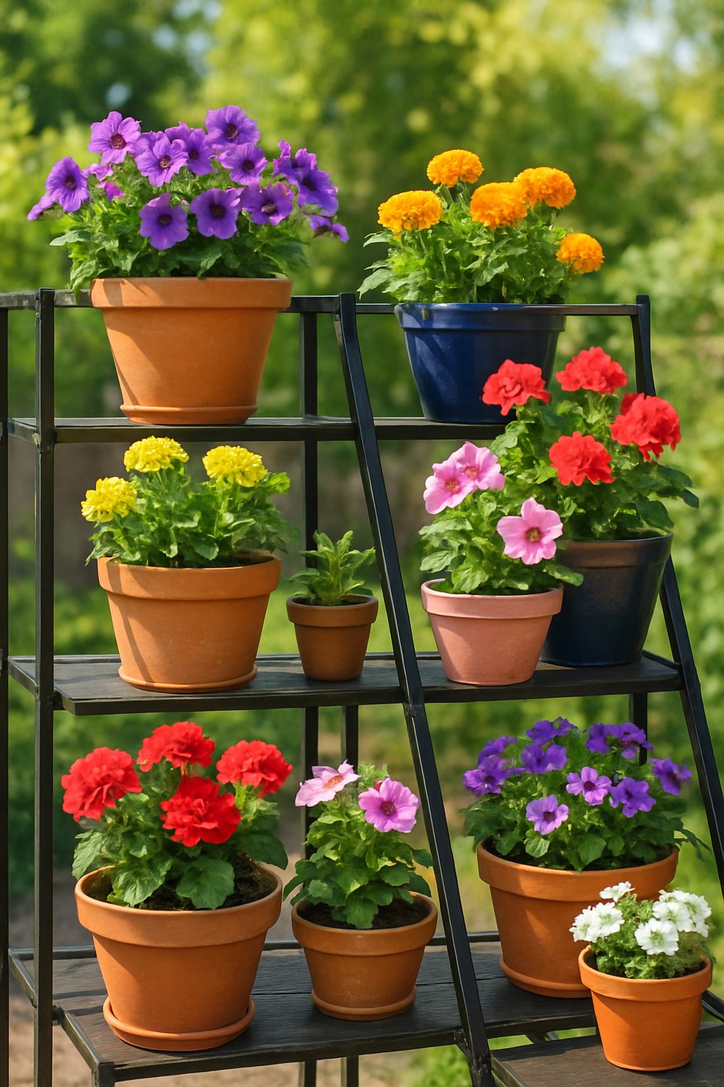 Tiered metal plant stands outdoors holding various colorful flower pots with blooming flowers in a garden setting.