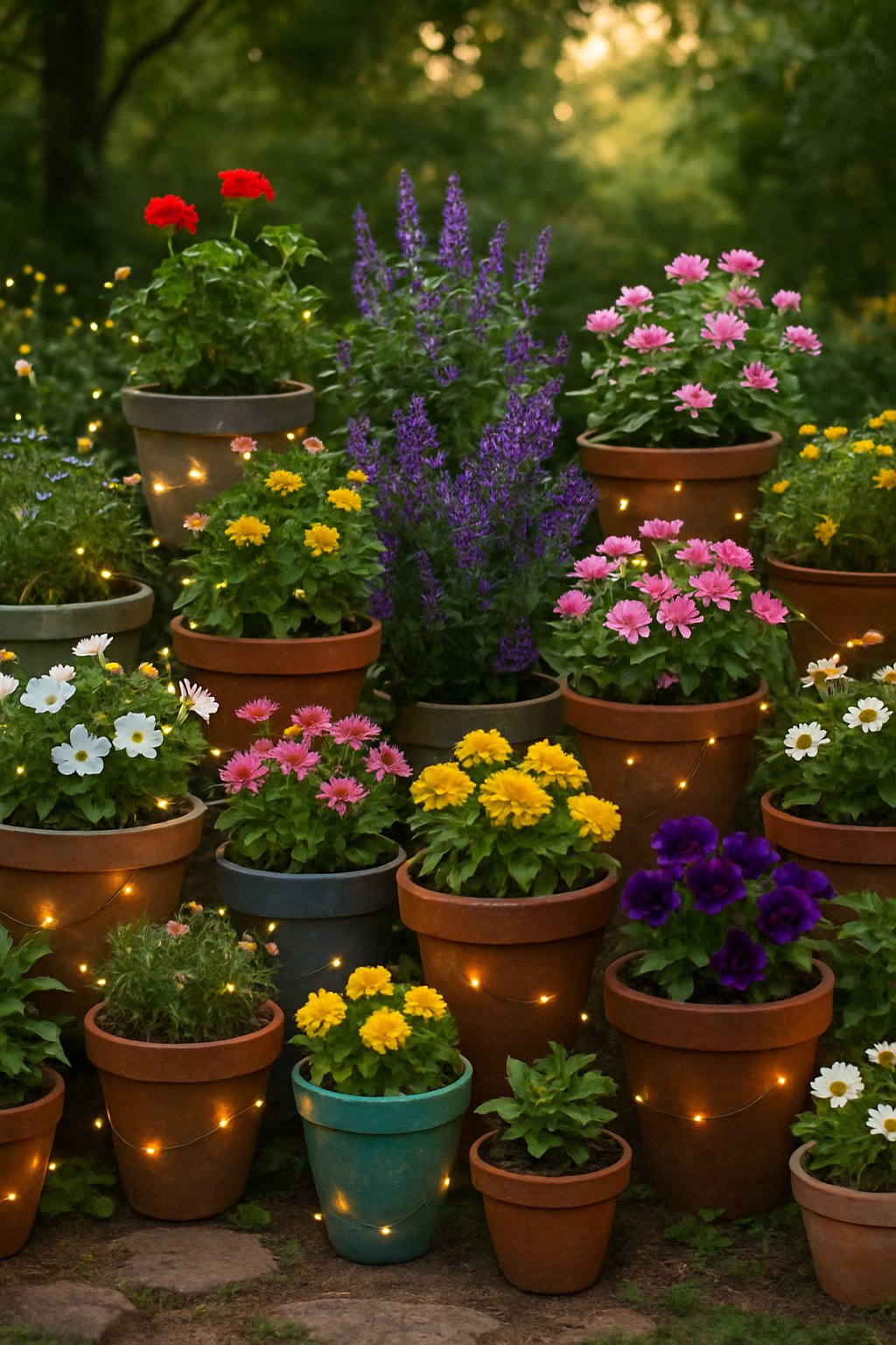 A garden scene with 25 flower pots filled with flowers and plants, decorated with warm white fairy lights.
