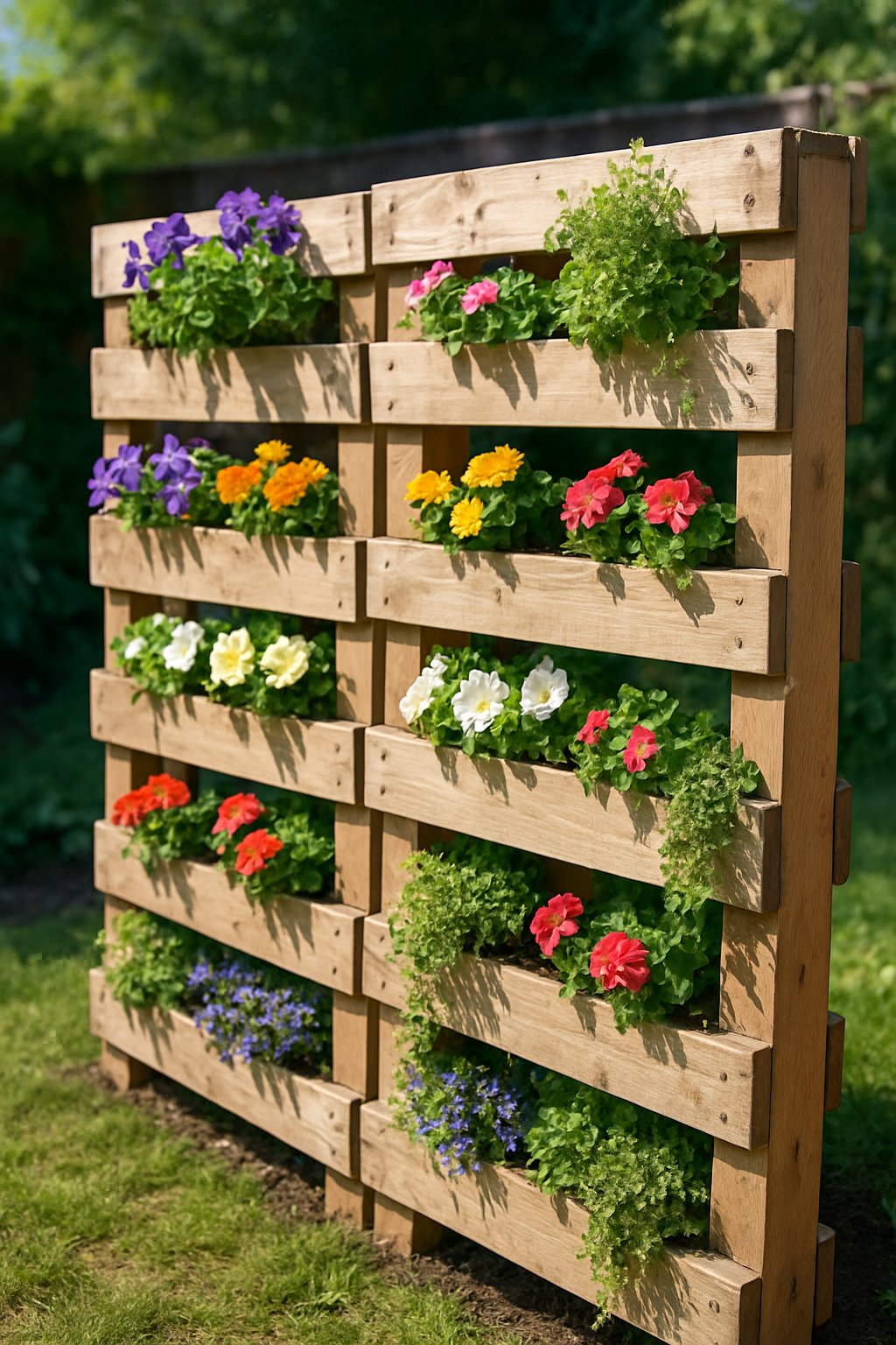 Vertical wooden pallet planters filled with colorful flowers and greenery arranged outdoors in a garden setting.