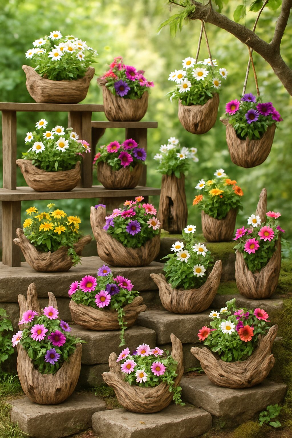 A collection of outdoor flower pots made from driftwood holding colorful flowers arranged in a garden setting.