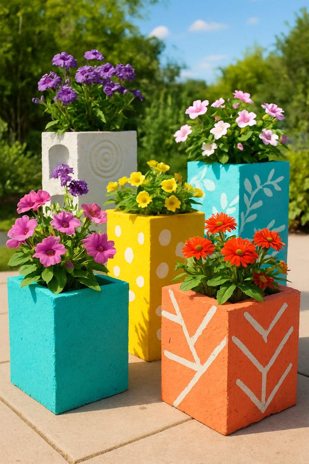 Colorful painted cinder block planters filled with blooming flowers arranged outdoors on a sunny patio.