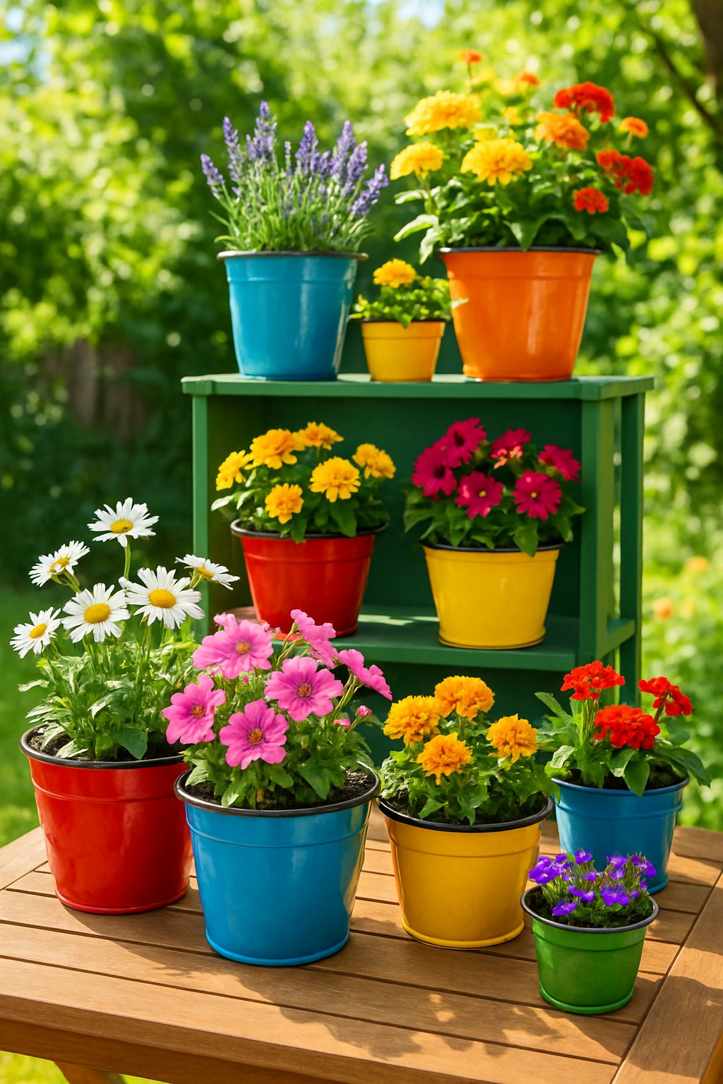 A collection of colorful enamelware flower pots filled with blooming flowers arranged outdoors on a wooden table and shelves with green plants in the background.
