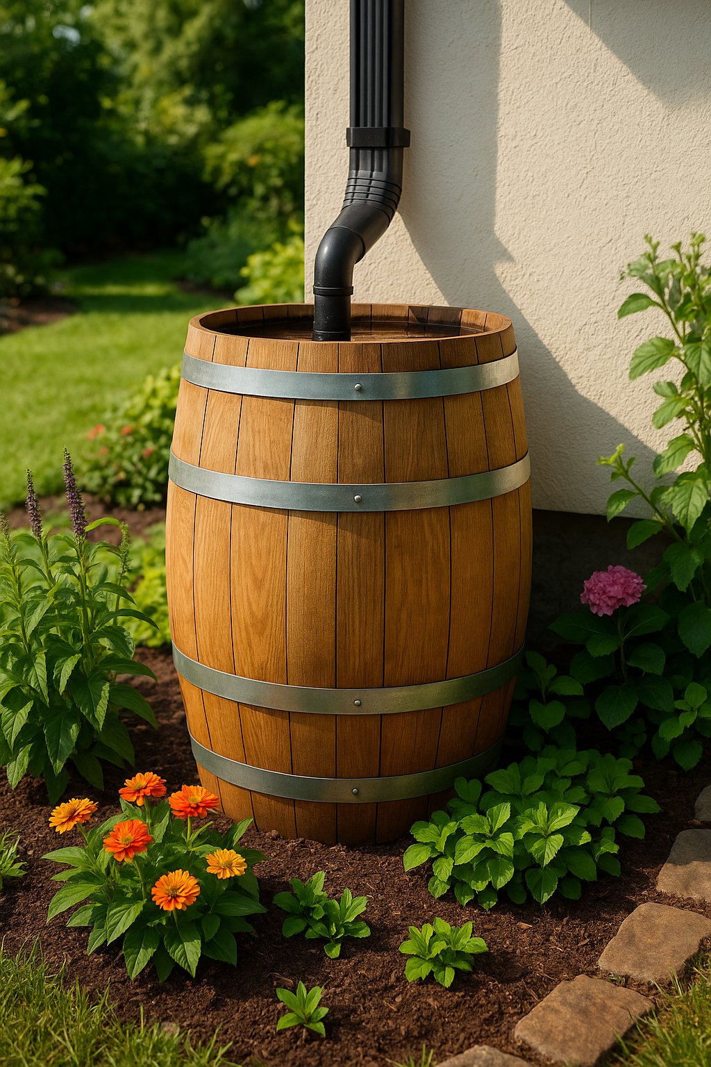 A wooden rain barrel in a green garden surrounded by plants and flowers near a house.