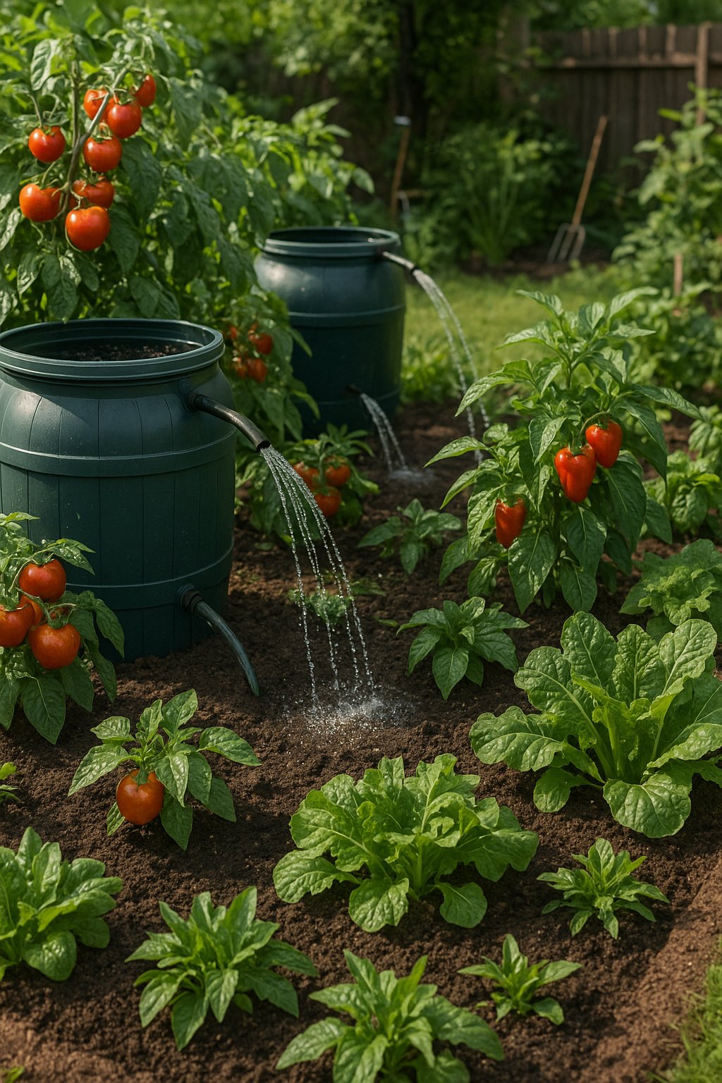 A vegetable garden being watered using multiple rain barrels placed around the plants.