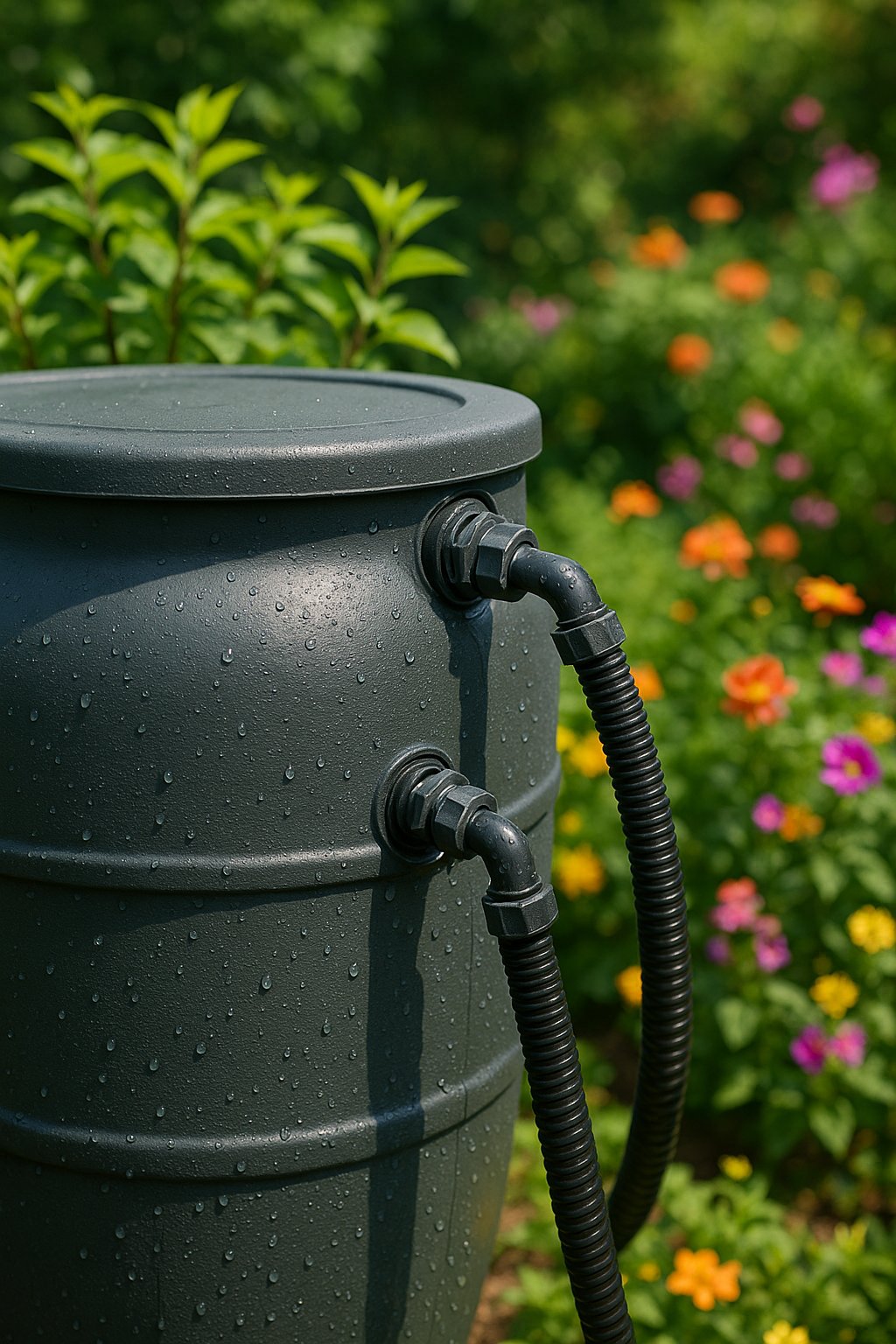 A rain barrel with overflow hose connections in a garden surrounded by plants and flowers.