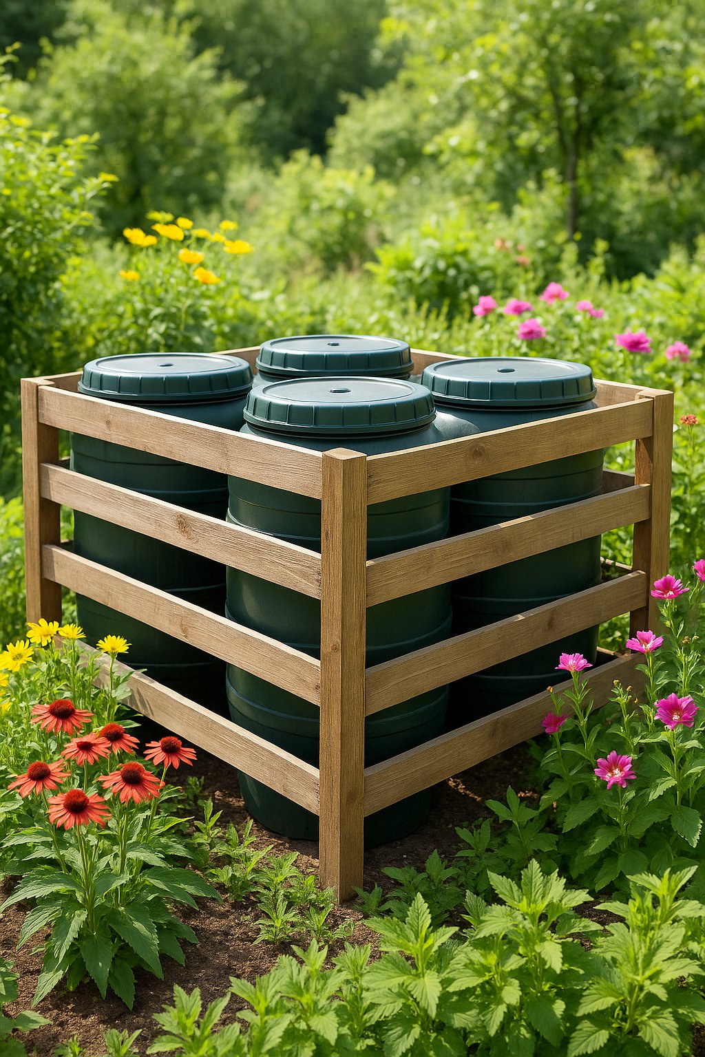 A garden with wooden enclosure surrounding rain barrels, surrounded by green plants and flowers.