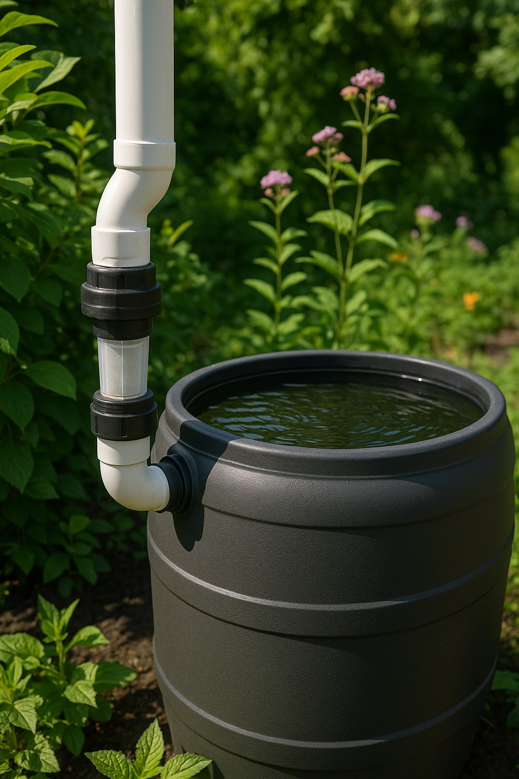 A rain barrel in a garden with a sediment filter installed at the water inlet surrounded by plants and garden vegetation.