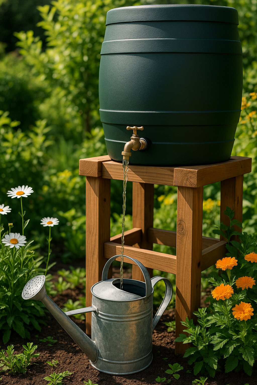 A rain barrel elevated on a stand in a garden, with water flowing from its spigot into a watering can surrounded by plants and flowers.