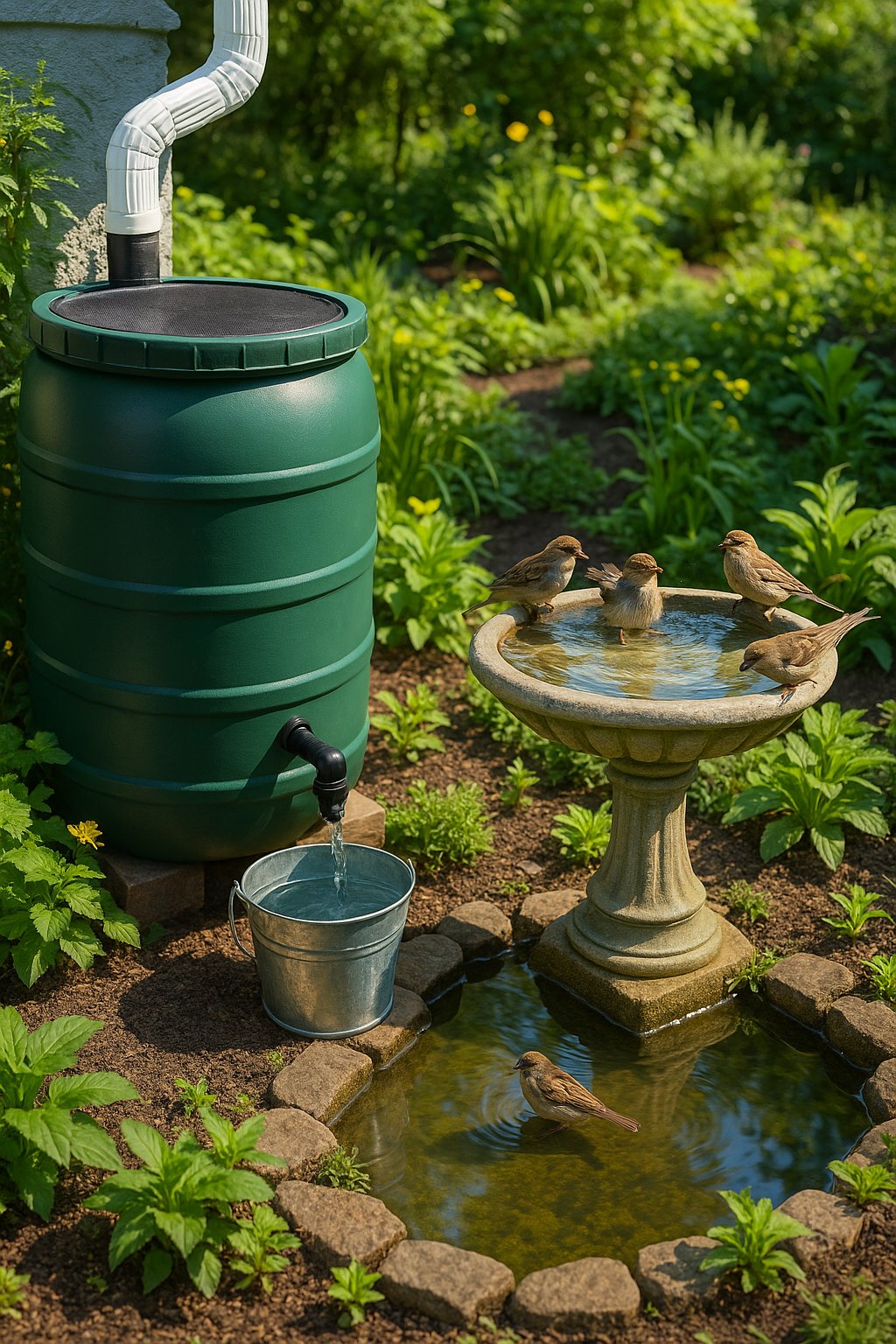 A garden with rain barrels collecting water that fills a bird bath and a small pond surrounded by plants and flowers with birds nearby.