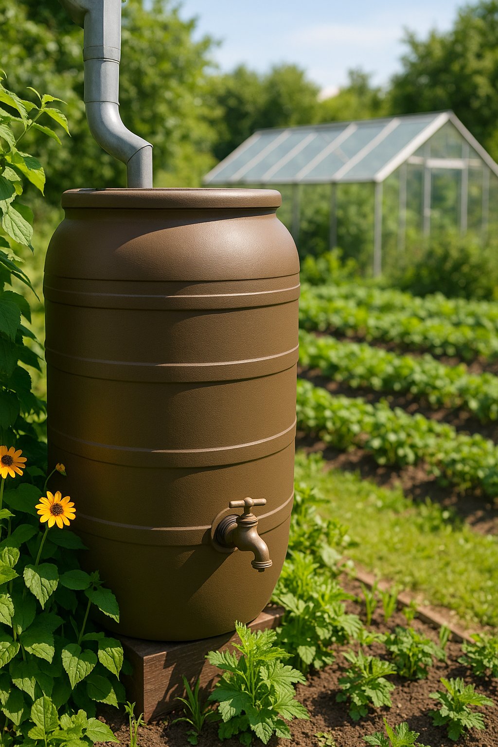 Barrel in backyard garden for Harvest water for greenhouse irrigation