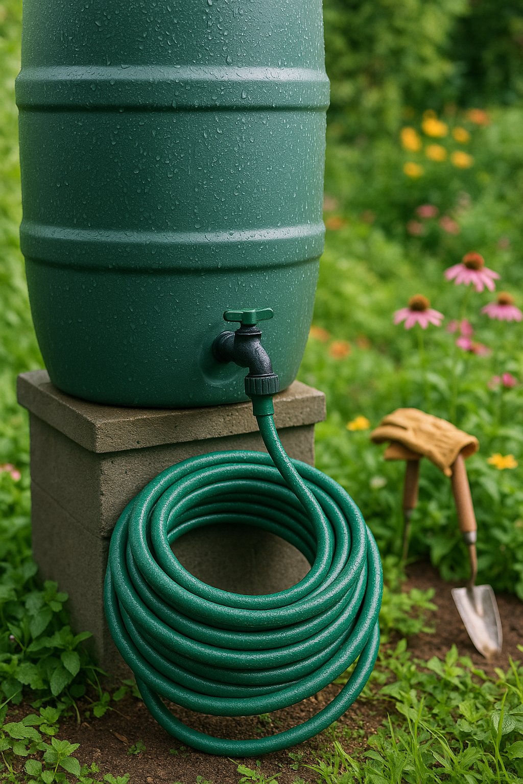 A backyard garden with rain barrels connected to spigots, each with a garden hose attached, surrounded by plants and flowers.